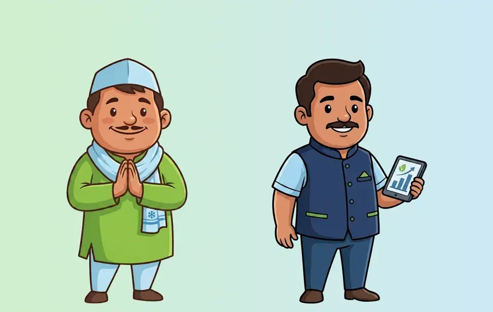 Kisaan Veer, the farmer mascot, and Vyapaar Veer, the partner mascot, standing side by side