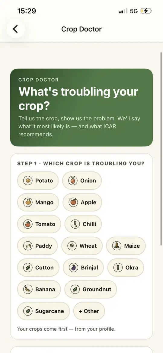 Crop Doctor screen in the Cold Konnect app, asking which crop is troubled