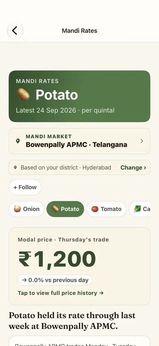 Mandi Rates screen in the Cold Konnect app, showing the potato price at Bowenpally APMC