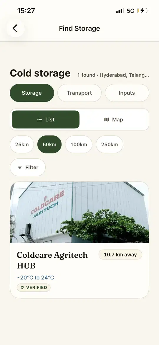 Find Storage screen in the Cold Konnect app, listing a cold storage nearby