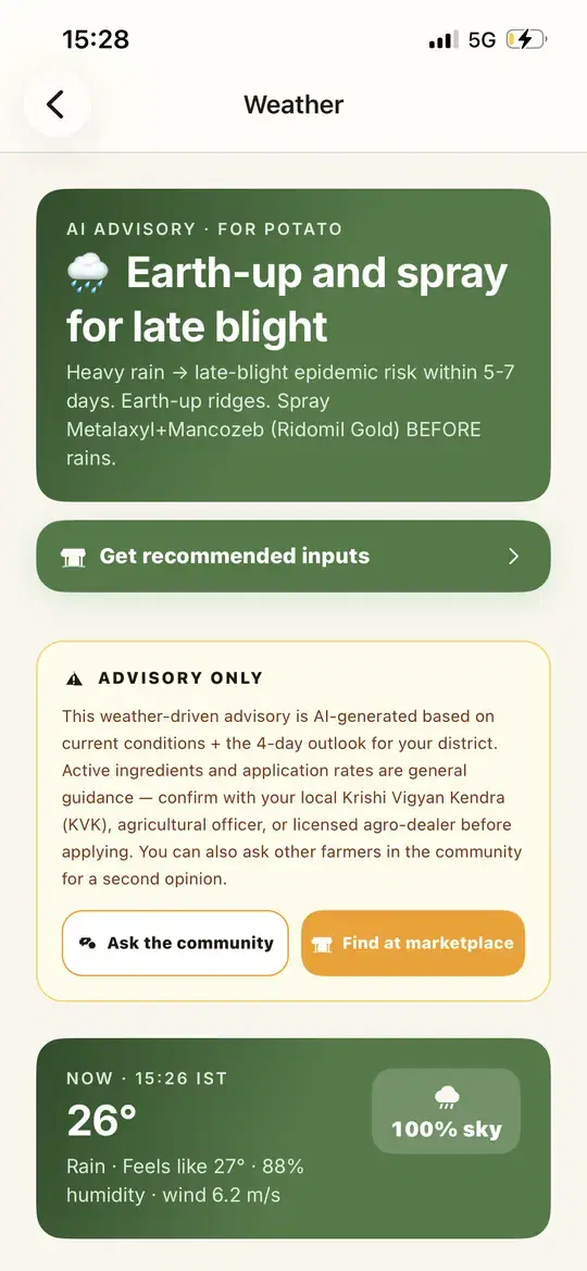Weather screen in the Cold Konnect app with crop advice