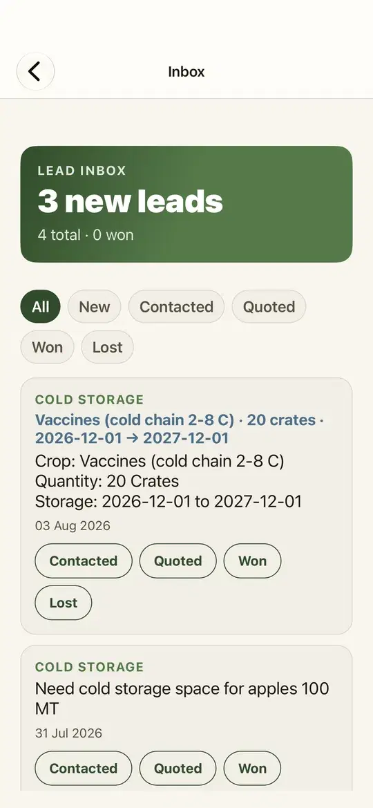 Lead inbox in the Cold Konnect Partner app: new cold storage requests with crop, quantity and dates, and Contacted, Quoted and Won buttons