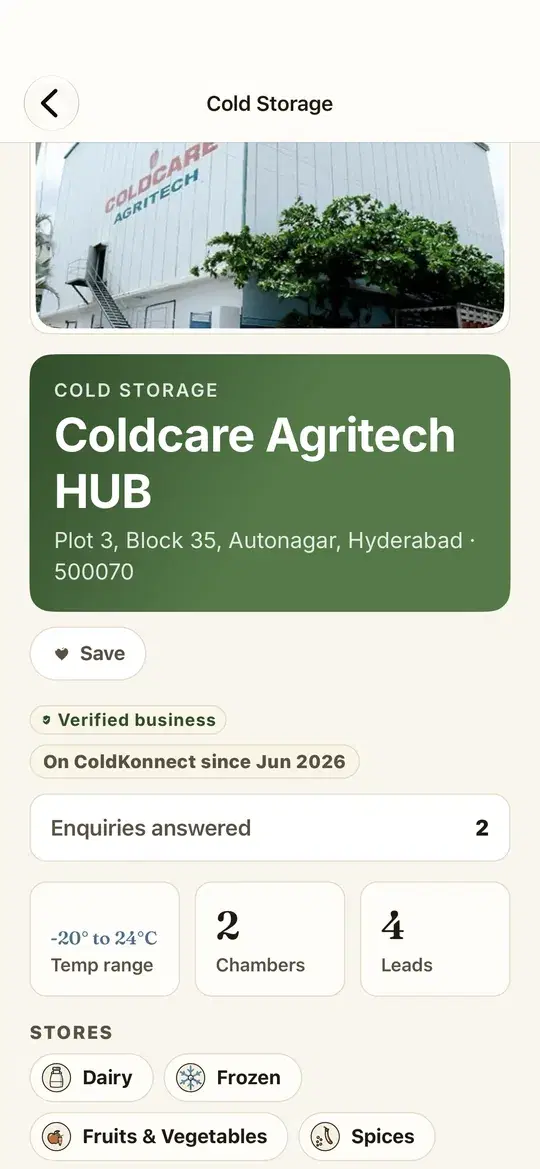 Cold storage page in the Cold Konnect app: Coldcare Agritech HUB in Hyderabad with its address, verified-business badge, temperature range, chambers and the goods it stores